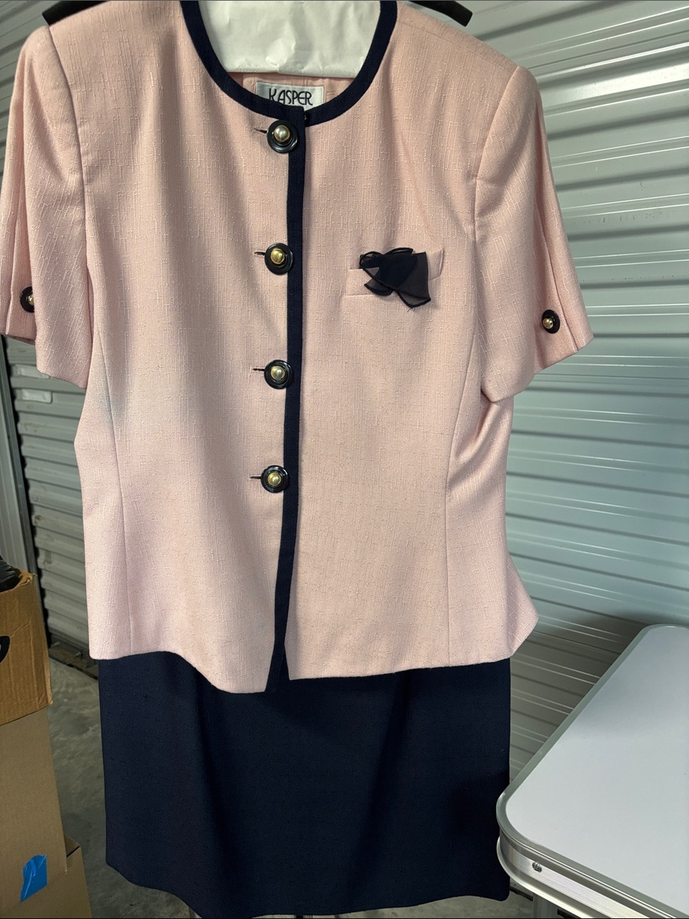 Kasper Pink and Navy Short Sleeve Two-Piece Blazer Set